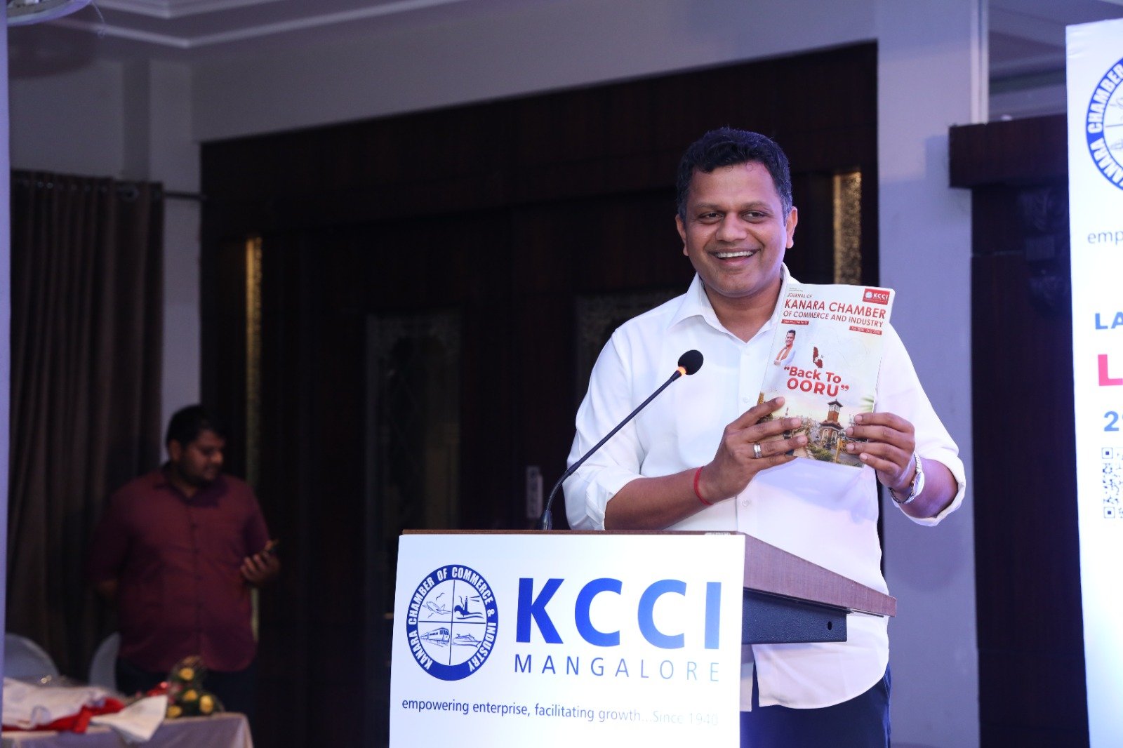 Captain Brijesh Chowta launching the Back To Ooru initiative at Kanara Chamber of Commerce and Industry, Mangalore